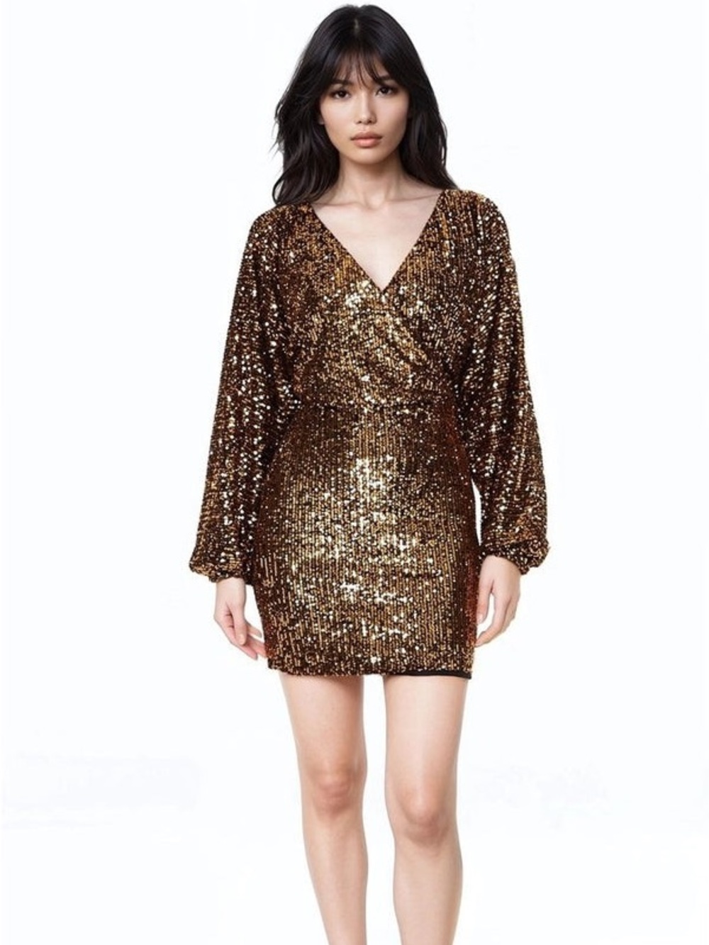 Forever 21 Medium Gold Sequin Metallic Disco Long Sleeve Cocktail Mini Dress